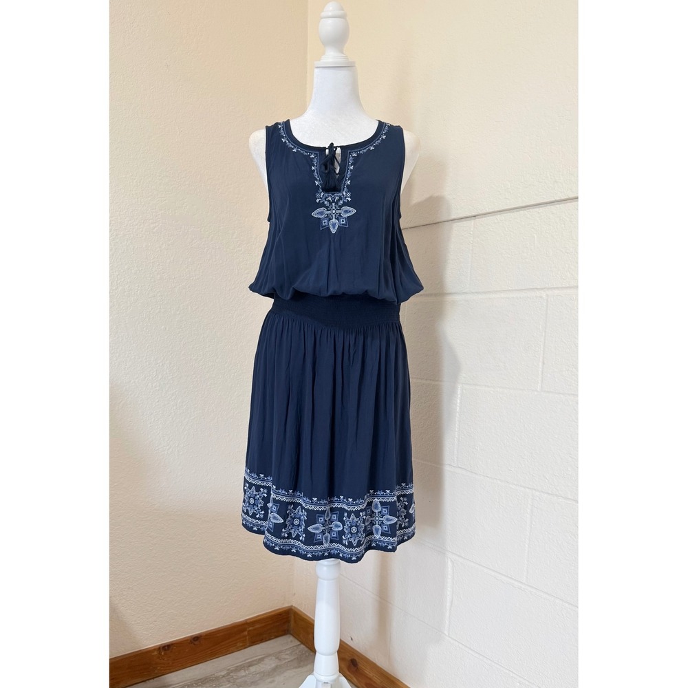 J. Jill Embroidered Blouson Dress Womens XS Navy Blue Sleeveless‎ Boho Coastal